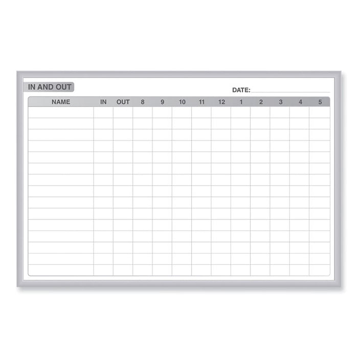 In/Out Magnetic Whiteboard, Personnel In/Out Tracking Chart, 72.5" x 48.5", White/Gray Surface, Satin Aluminum Frame