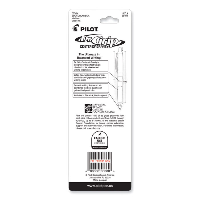 Dr. Grip Center of Gravity Breast Cancer Awareness Ballpoint Pen, Retractable, Medium 1 mm, Black Ink, Silver/Pink Barrel