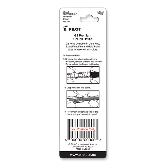 Refill for Pilot B2P, Dr Grip, G2, G6, MR Metropolitan, Precise BeGreen and Q7 Gel Pens, Fine Tip, Red Ink, 2/Pack