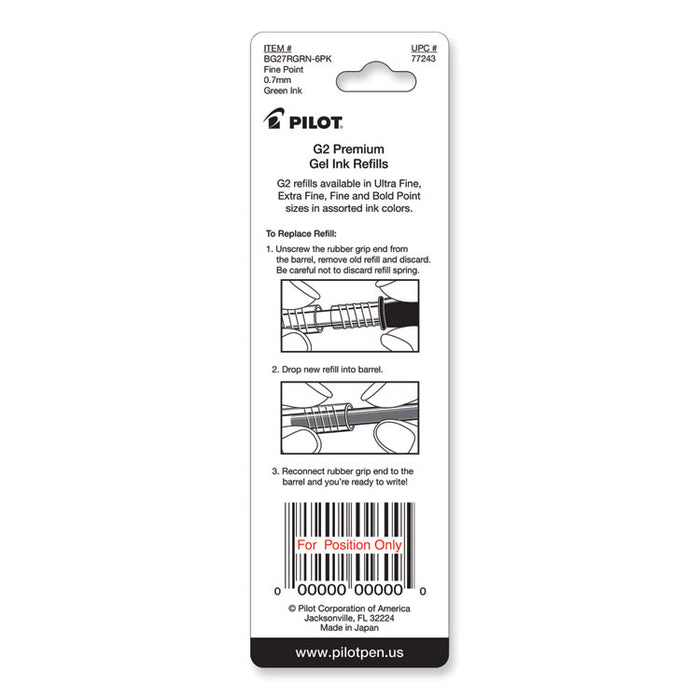 Refill for Pilot B2P, Dr Grip, G2, G6, MR Metropolitan, Precise BeGreen and Q7 Gel Pens, Fine Tip, Green Ink, 2/Pack