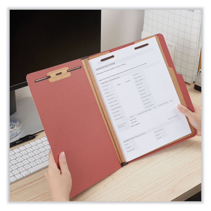 Pressboard Classification Folders, 2/5 Tab: Right of Center, Expands 2", 2 Dividers, 6 Fasteners, Letter Size, Red, 10/Box