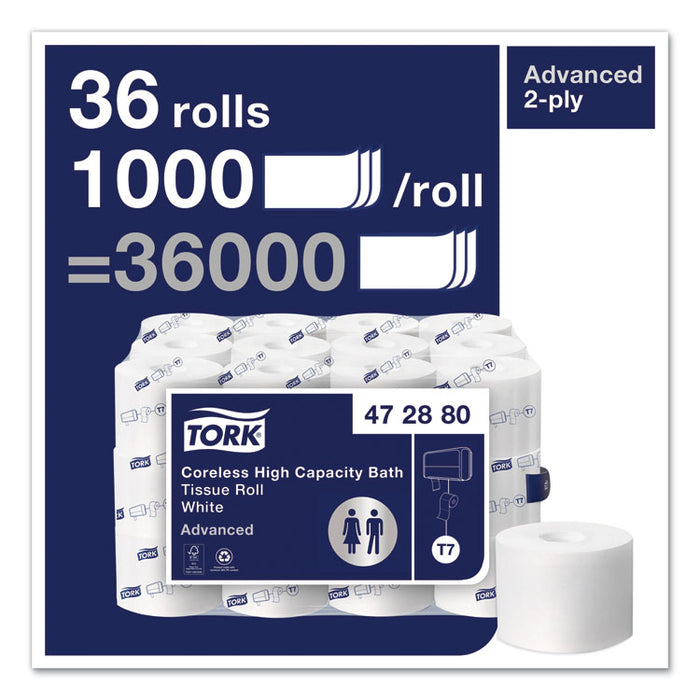 Advanced High Capacity Bath Tissue, Coreless, Septic Safe, 2-Ply, White, 1,000 Sheets/Roll, 36 Rolls/Carton