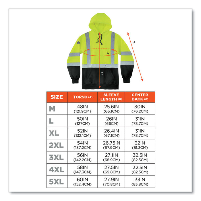 GloWear 8373 Hi-Vis Class 3 Hooded Sweatshirt with Black Bottom, Large, Lime