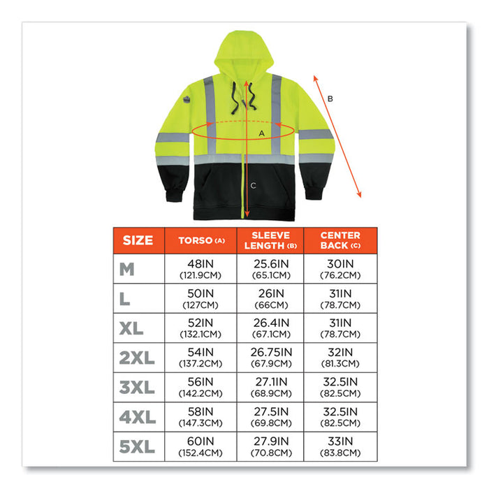GloWear 8372 ZipUp HiVis Class 3 Zip Hooded Sweatshirt with Black Bottom, X-Large, Lime