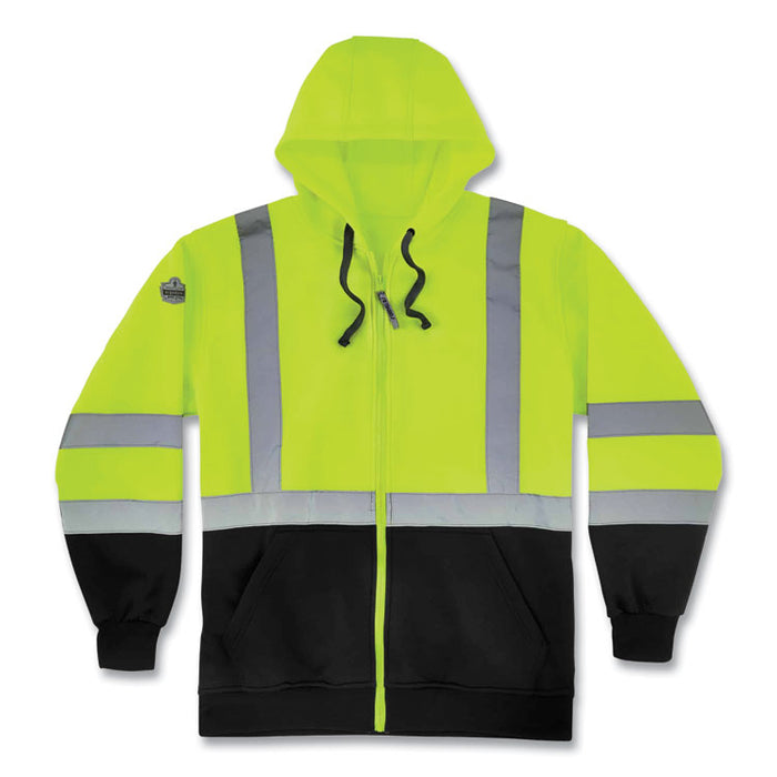 GloWear 8372 ZipUp HiVis Class 3 Zip Hooded Sweatshirt with Black Bottom, X-Large, Lime