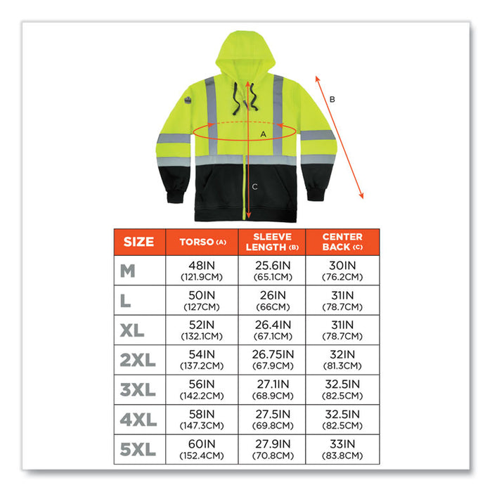 GloWear 8372 ZipUp HiVis Class 3 Zip Hooded Sweatshirt with Black Bottom, Large, Lime