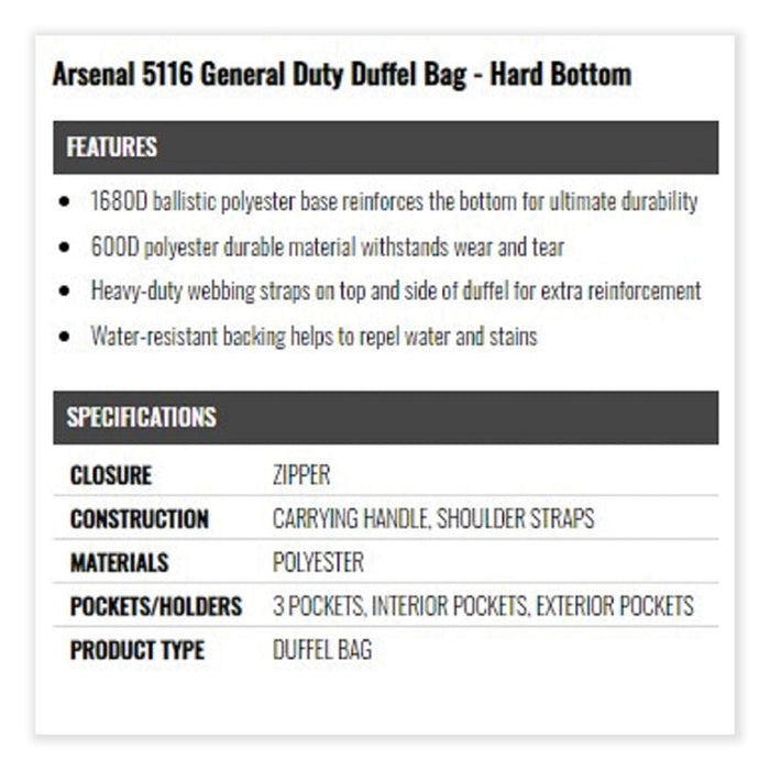 Arsenal 5116 General Duty Gear Bag, 9.5 x 23.5 x 12, Black