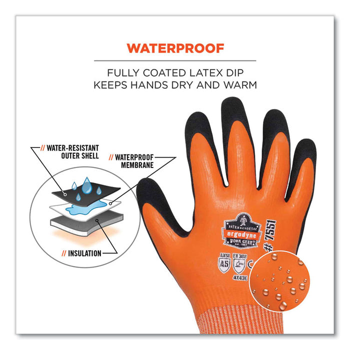 ProFlex 7551-CASE ANSI A5 Coated Waterproof CR Gloves, EN388: 4X43E, 11" Long, XX-Large, Orange, 144 Pairs/Carton