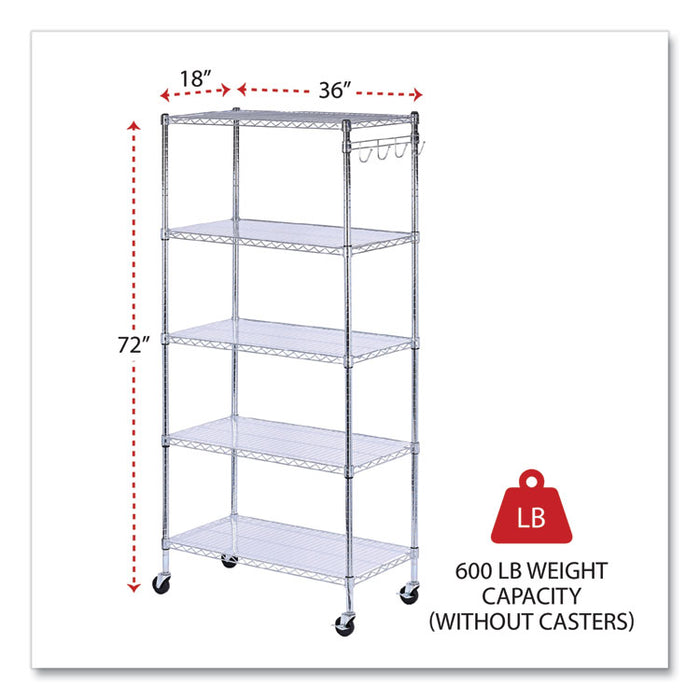 5-Shelf Wire Shelving Kit with Casters and Shelf Liners, 36w x 18d x 72h, Silver