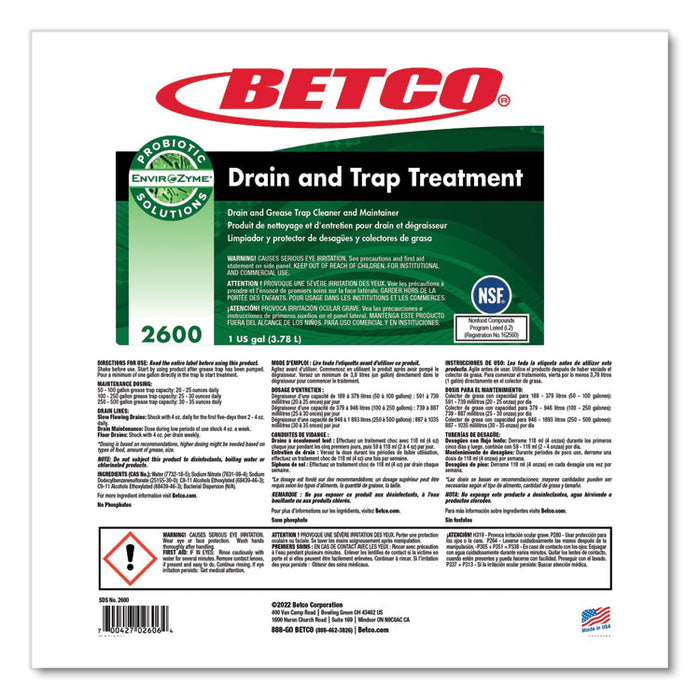 BioActive Solutions Drain and Trap Treatment, 1 gal Bottle, 4/Carton