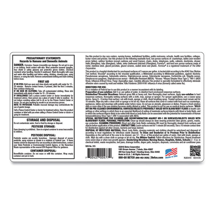 AF315 FastDraw Disinfectant Cleaner, Citrus Floral Scent, 2 L Bottle, 4/Carton