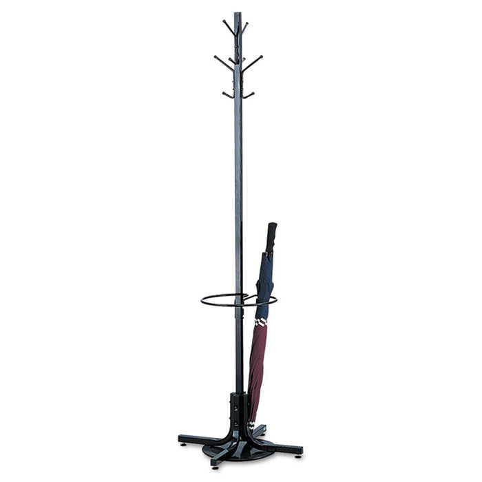Metal Costumer with Umbrella Holder, Four Ball-Tipped Double-Hooks, 21w x 21d x 70h, Black