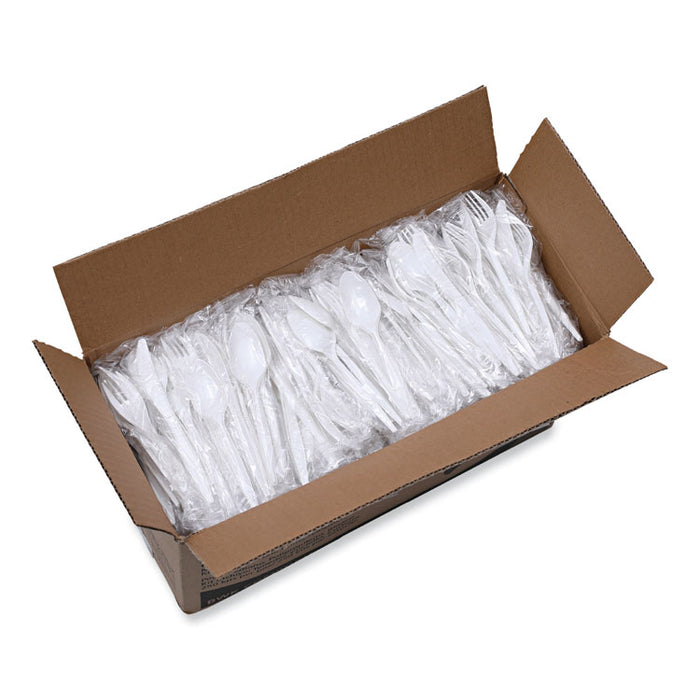 Three-Piece Cutlery Kit, Mediumweight, Fork/Knife/Spoon, Plastic, White, 250/Carton