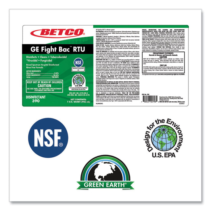 GE Fight Bac RTU Disinfectant, Fresh Scent, 32 oz Bottle, 12 Bottles/Carton