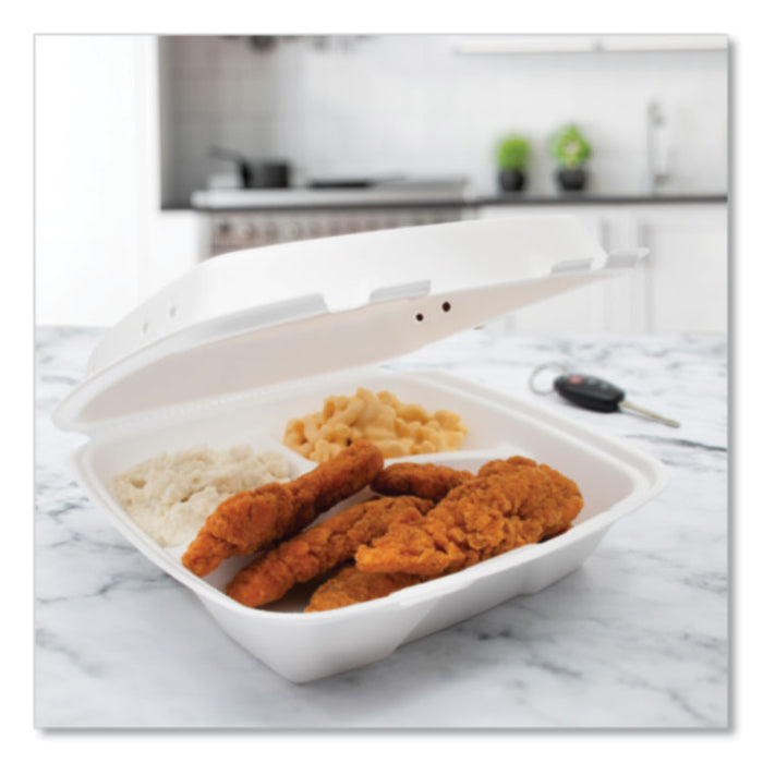 Insulated Foam Hinged Lid Containers, 3 Compartments, 9.01 x 9.4 x 3.1, White, 200/Carton