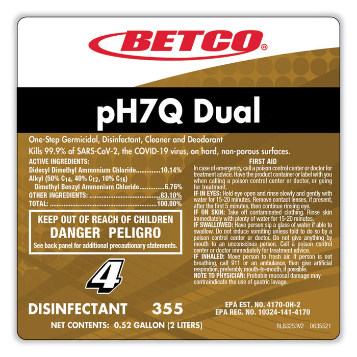pH7Q Dual Neutral FastDraw Disinfectant Cleaner, Lemon Scent, 67.6 oz Bottle, 4/Carton