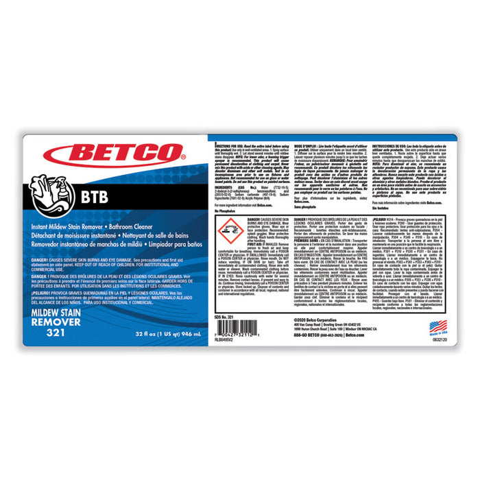 BTB Mildew Stain Remover, Apple Scent, 32 oz Spray Bottle, 12/Carton
