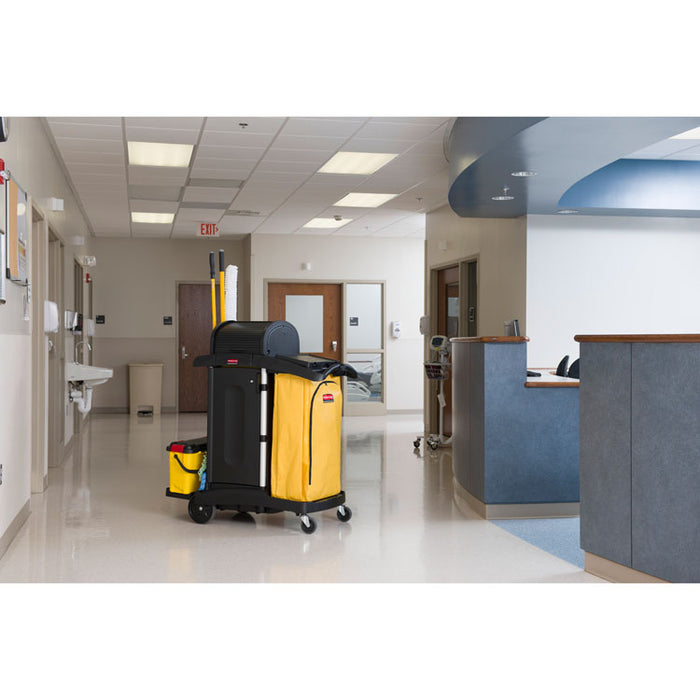 High-Security Healthcare Cleaning Cart, Metal, 4 Shelves, 1 Bin, 22" x 48.25" x 53.5", Black