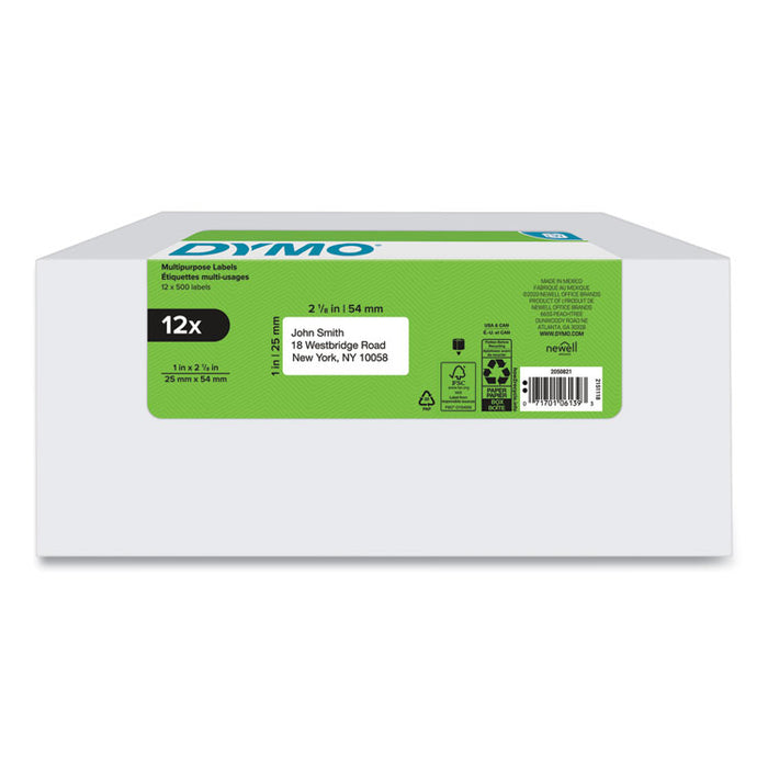 LW Multipurpose Labels, 1" x 2.13", White, 500 Labels/Roll, 12 Rolls/Pack