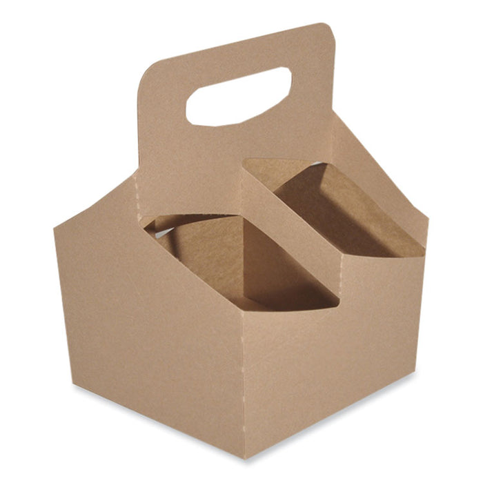4-Corner Pop-Up Food and Drink Tray, 4-Cup Drink Carrier, Up to 24 oz Beverages, 6.5 x 6.25 x 9, Brown, Paper, 250/Carton