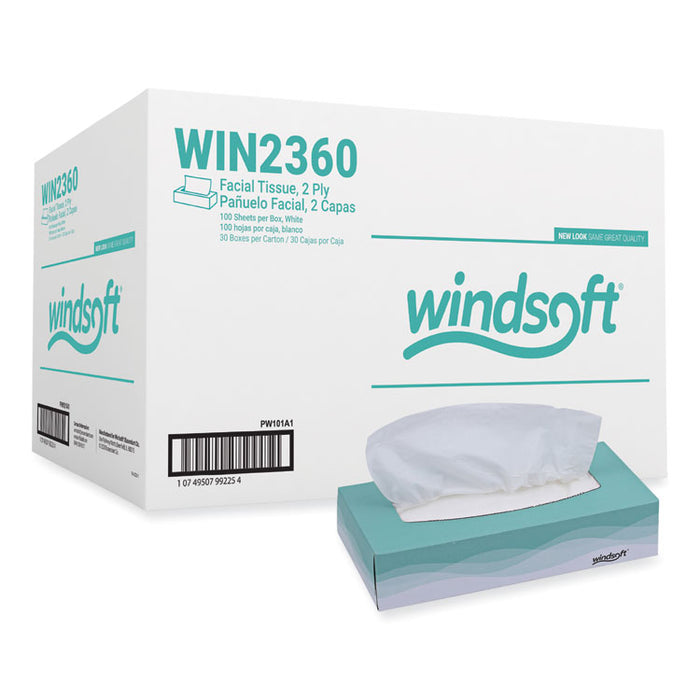 Facial Tissue, Flat Pop-Up Box, 2-Ply, White, 100 Sheets/Box, 30 Boxes/Carton