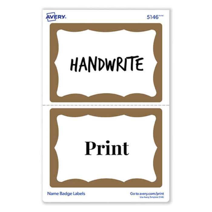 Printable Adhesive Name Badges, 3.38 x 2.33, Gold Border, 100/Pack