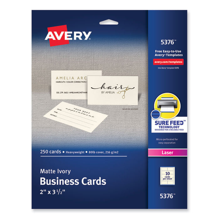 Printable Microperforated Business Cards with Sure Feed Technology, Laser, 2 x 3.5, Ivory, 10/Sheet, 25 Sheets/Pack