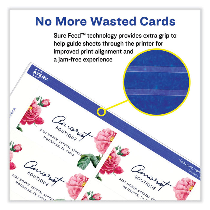 Printable Microperforated Business Cards with Sure Feed Technology, Laser, 2 x 3.5, White, 10/Sheet, 250 Sheets/Box