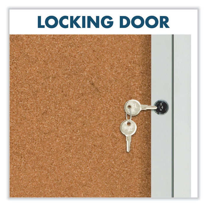 Enclosed Indoor Cork Bulletin Board with One Hinged Door, 24" x 36", Tan Surface, Satin Aluminum Frame