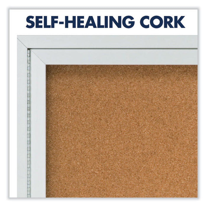 Enclosed Indoor Cork Bulletin Board with One Hinged Door, 24" x 36", Tan Surface, Satin Aluminum Frame