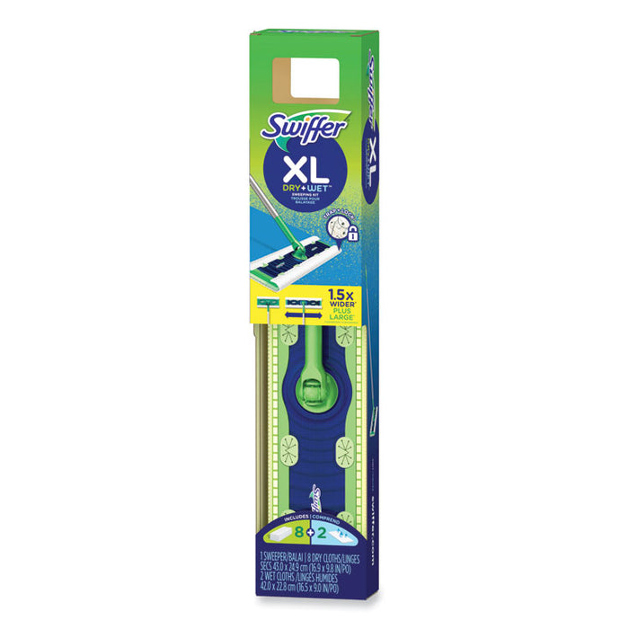 Sweeper Mop, XL Dry + Wet Sweeping Kit, 16.5 x 9 White Cloth Head, 46" Green/Silver Aluminum/Plastic Handle