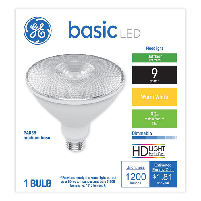 Basic LED Dimmable Outdoor Flood Light Bulbs, PAR38, LED15DP385/WW9CFLB-1, 15 W, Warm White