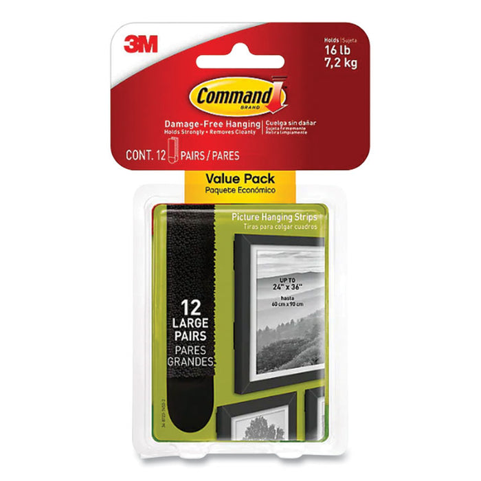 Bath Picture Hanging Strip Pairs, Holds Up to 4 lb, Large: 0.75" x 3.65", Black, 12/Pack