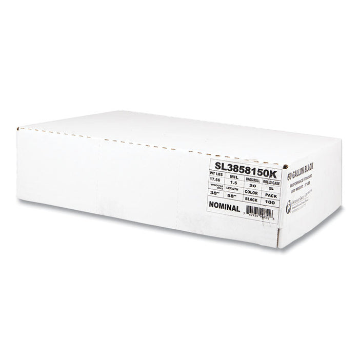 Low-Density Commercial Can Liners, 60 gal, 1.5 mil, 38" x 58", Black, Interleaved Roll, 20 Bags/Roll, 5 Rolls/Carton
