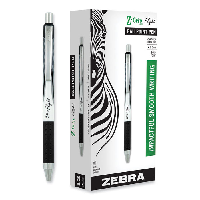 Z-Grip Flight Ballpoint Pen, Retractable, Bold 1.2 mm, Black Ink, Black/Gray/White Barrel, 12/Pack