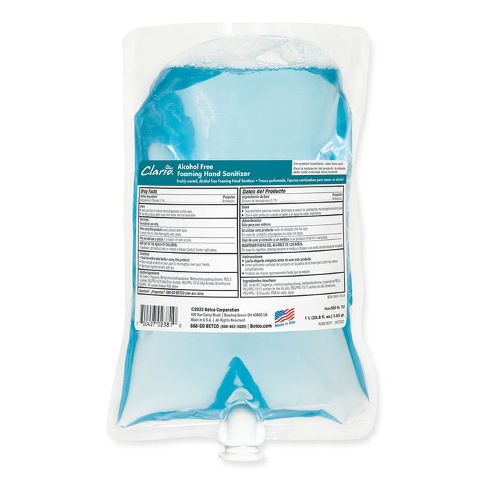 Clario Alcohol Free Foaming Hand Sanitizer, 1,000 mL Bag, Fresh Scent, 6/Carton