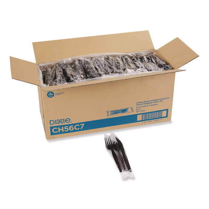 Individually Wrapped Heavyweight Cutlery Set, Fork/Knife/Spoon, Plastic, Black, 250/Carton