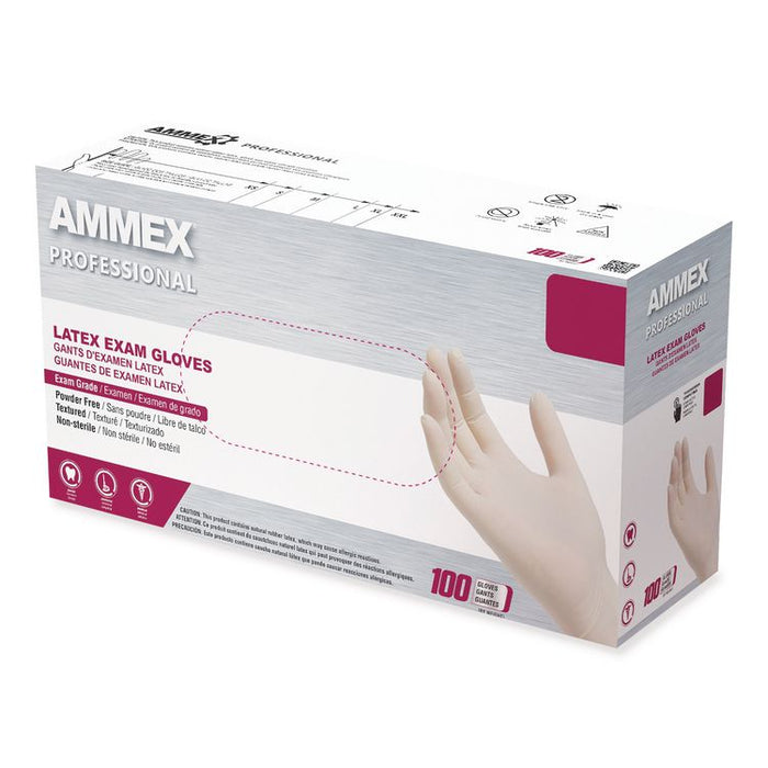 Latex Exam Gloves, Powder-Free, Small, 4 mil (Palm), 5 mil (Fingers), Ivory, 100/Box