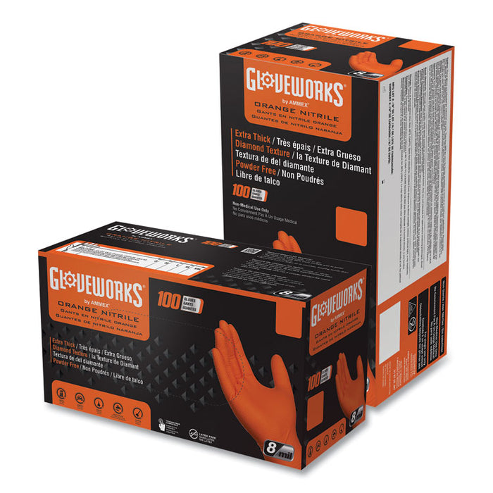 Heavy-Duty Industrial Nitrile Gloves, Powder-Free, Medium, 8 mil Thick, 9.5" Long, Orange, 100/Box