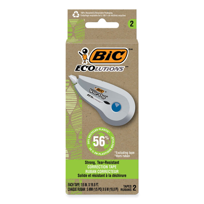Wite-Out Brand ECOlutions Mini Correction Tape, Non-Refillable, 0.2" x 19.8 ft, White Tape, White/Blue Dispenser, 2/Pack