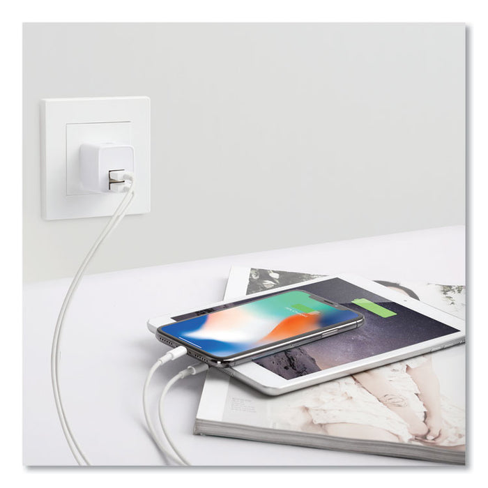 Dual USB Port Wall Charger, USB-A Port/USB-C Port, White