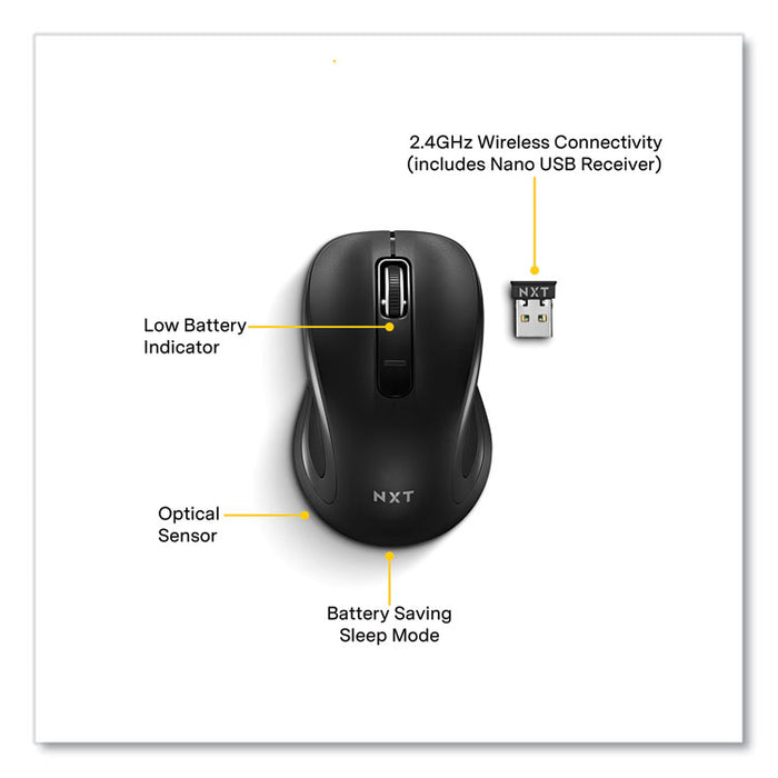 Wireless Optical USB Mouse, 2.4 GHz Frequency/23 ft Wireless Range, Left/Right Hand Use, Black