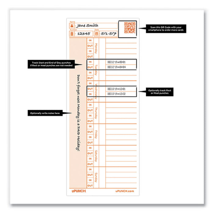 Time Clock Cards for PK1100 Time Clock, Two Sides, 3.38 x 8.25, 100/Pack
