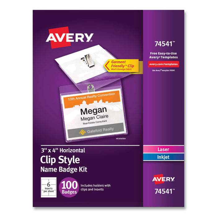Clip-Style Name Badge Holder with Laser/Inkjet Insert, Top Load, 4 x 3, White, 100/Box