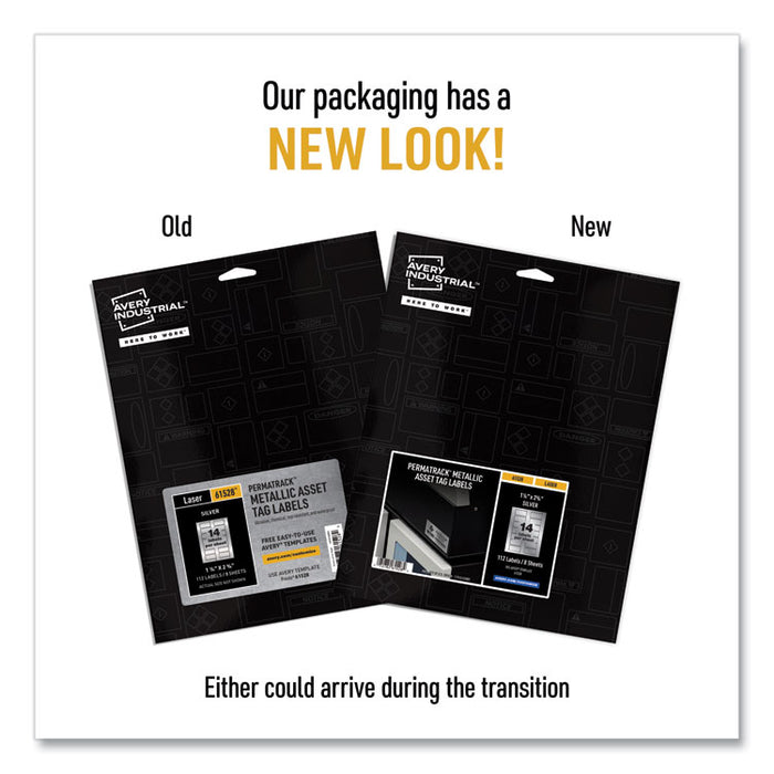 PermaTrack Metallic Asset Tag Labels, Laser Printers, 1.25 x 2.75, Silver, 14/Sheet, 8 Sheets/Pack