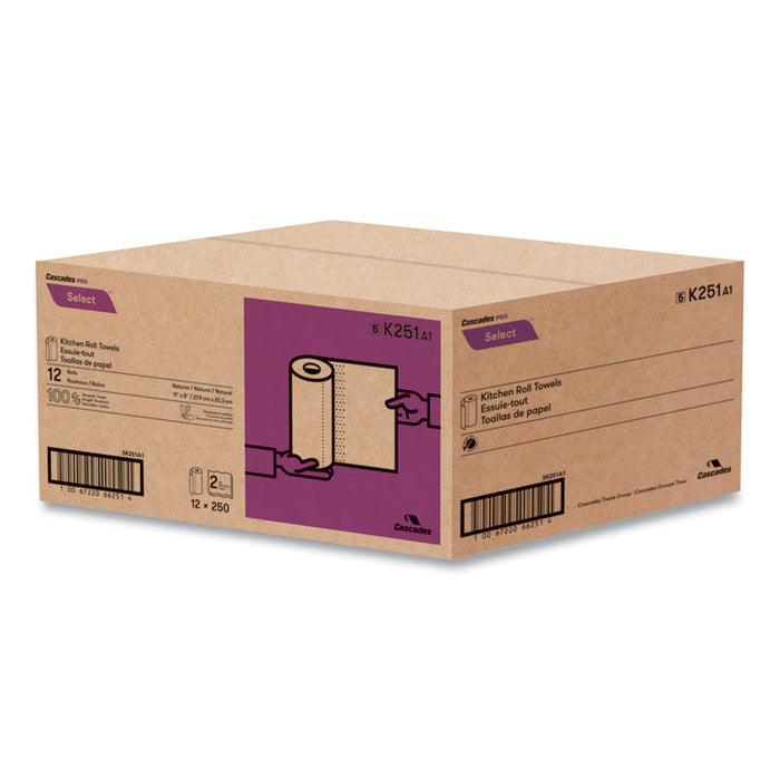 Select Kitchen Roll Towels, 2-Ply, 11" x 166.6 ft, Natural, 250/Roll, 12/Carton