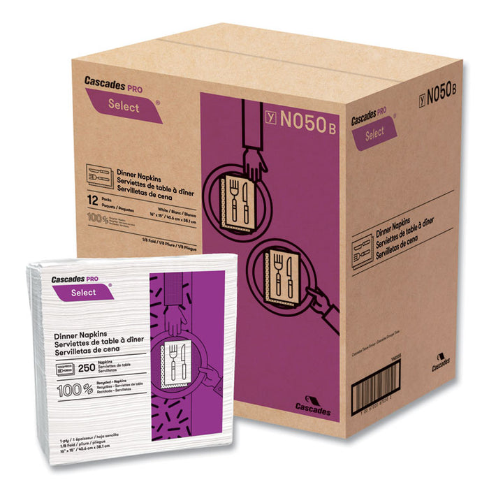 Select Dinner Napkins, 1-Ply, 16 x 15, White, 250/Pack, 12/Carton