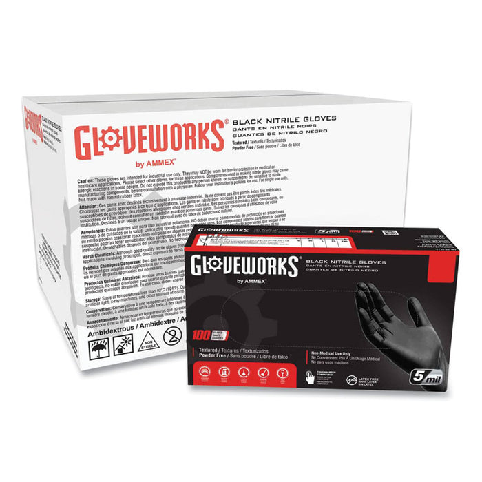 Industrial Nitrile Gloves, Powder-Free, X-Large, 5 mil Thick, 9.5" Long, Black, 100/Box, 10 Boxes/Carton