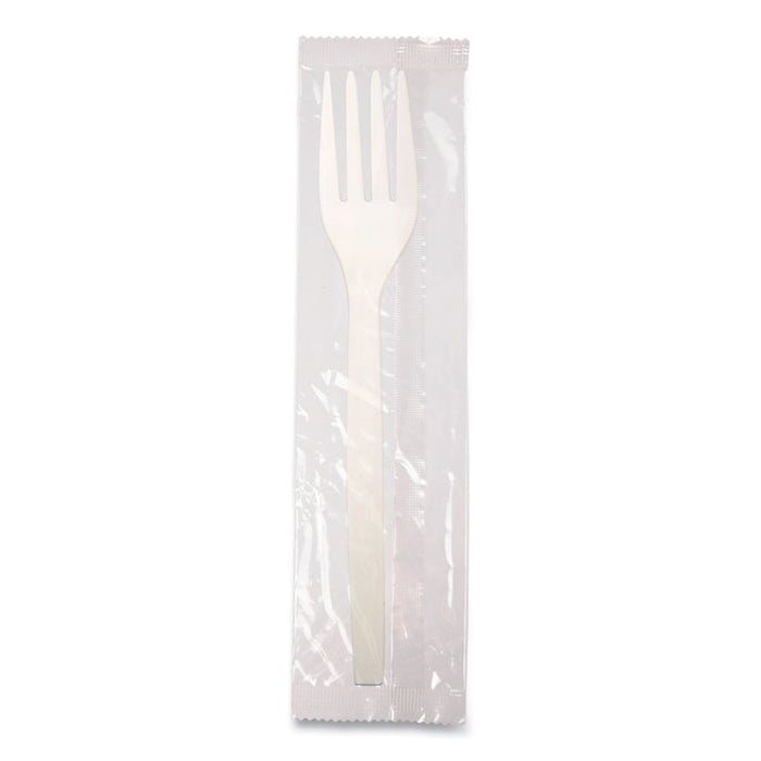 EcoSense Renewable Plant Starch Cutlery, Individually Wrapped, Mediumweight Fork, Plastic, Natural, 750/Carton
