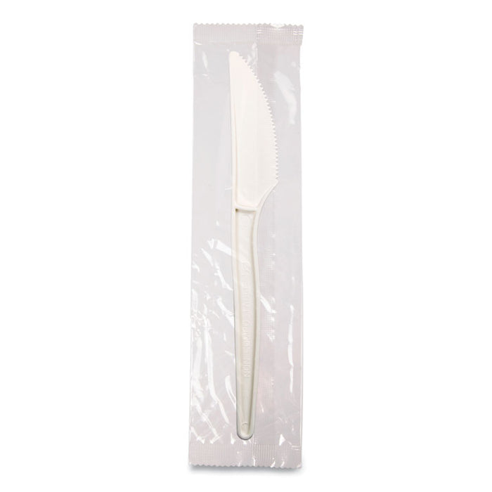 EcoSense Renewable Plant Starch Cutlery, Individually Wrapped, Mediumweight Knife, Plastic, Natural, 750/Carton
